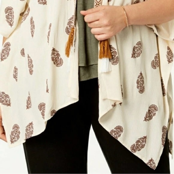 Style & Co. Open Front Cardigan Kimono 2X Tassel Beachy Vacay Travel Boho Cream - Picture 16 of 16
